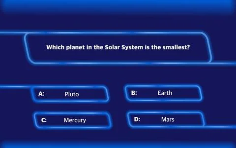 A template of questions and answer options for a quiz on a dark blue neon bac Stock Illustration