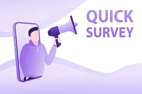 Template with quick survey man holding megaphone on white background for flyer Ilustração Stock