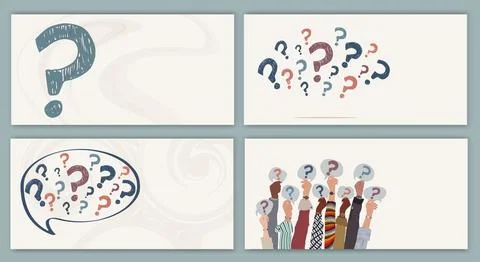 Template with Raised hands holding a speech bubble with a question mark symbol Stock Illustration