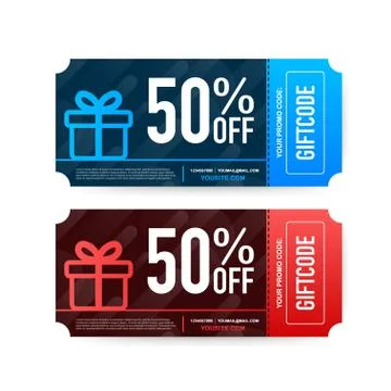 Template red and blue gift card. Promo code. Vector Gift Voucher with Coupon  Stock-Illustration
