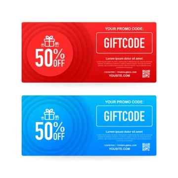 Template red and blue gift card. Promo code. Gift Voucher with Coupon Code. s Stock Illustration