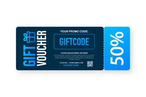 Template red and blue gift card. Vector Gift Voucher with Coupon Code. Discou 库存插图