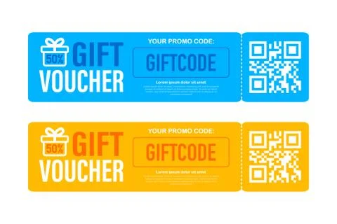 Template red and blue gift card. Vector Gift Voucher with Coupon Code. Discou Stock Illustration