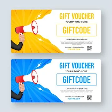 Template red and blue gift card. Vector Gift Voucher with Coupon Code. Discou Stock Illustration