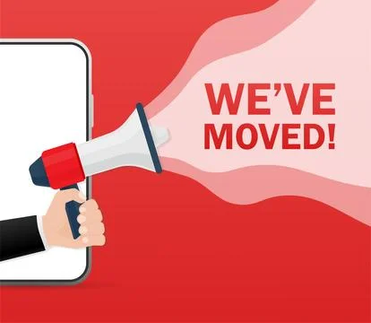 Template with red we have moved hand holding megaphone on red background for 스톡 일러스트