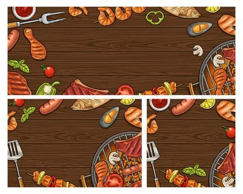 Template restaurant or cafe barbeque posters. Color vector vintage engraving Stockillustratie