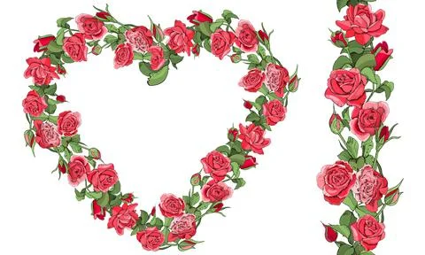 Template with roses and reamless border isolated on white background. Stock Illustration