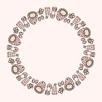 A template with a round pattern, in pink from a newborn baby in an envelope with Illustrazione stock