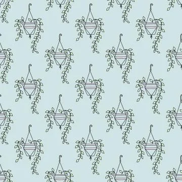 Template. Seamless pattern of indoor plants in a hanging pot on a blue Stock Illustration