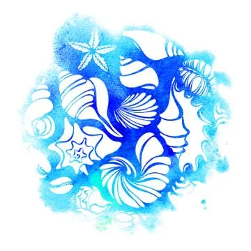 Template. Set of silhouettes of sea shells. Starfish, shell, conch, spiral, h Stock Illustration