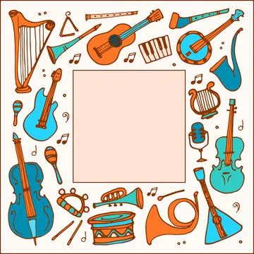 The template is a square of musical instruments in orange and turquoise colors Stock Illustration
