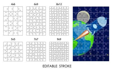 Template of square puzzle pieces of different difficulty levels for overlayin Stock Illustration