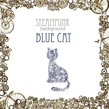 Template steampunk design for card with abstract cat. Frame steampunk background Stock Illustration