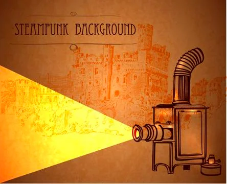 Template steampunk design for card with old antique projector. Frame steampunk Stock Illustration