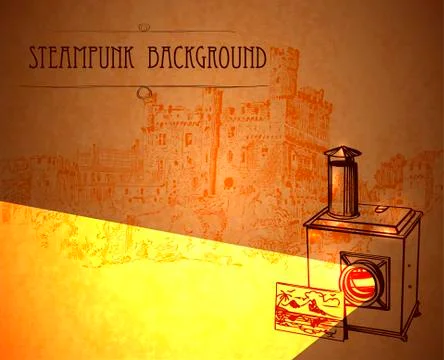 Template steampunk design for card with old antique projector. Frame steampunk Stock Illustration