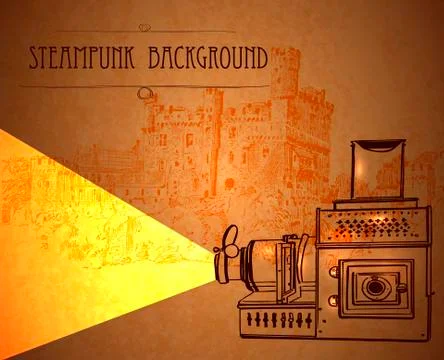 Template steampunk design for card with old antique projector. Frame steampunk Stock Illustration