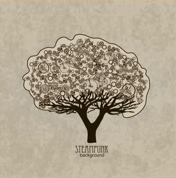 Template steampunk design for card whith stylized tree. Illustrazione stock