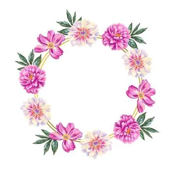 Template for text with beautiful peony. Frame or border with pink flowers with Stock Illustration