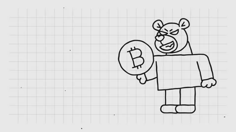 Template for text doodle bear holds coin with bitcoin sign and smiles Video stock 299557799
