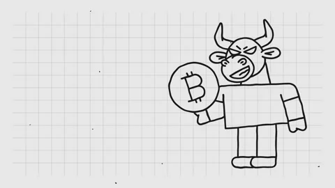 Template for text doodle bull holds coin with bitcoin sign and smiles Video stock 296086828