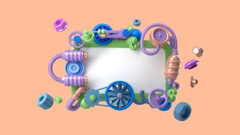 Template for text in a frame with toy mechanical elements.-3D rendering Stock Illustration