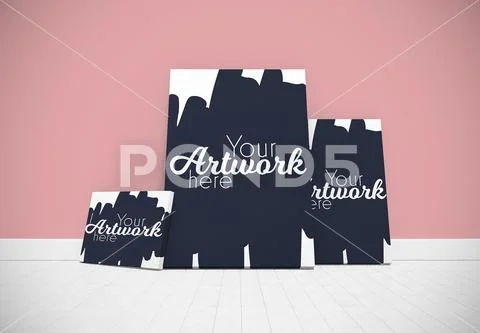 Template of three canvas in a room PSD Template