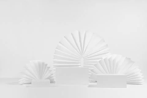 Template of three different size white podiums with soft light asian round ri Stock Photos