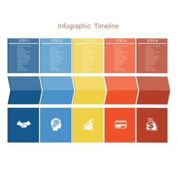 Template Timeline Infographic colored arrows five position Stock Illustration