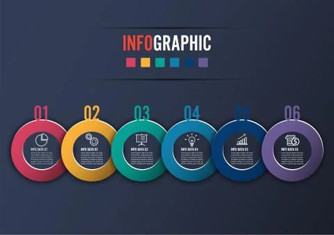 Template Timeline Infographic colored horizontal numbered for six position ca Stock Illustration