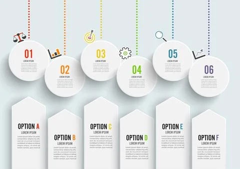 Template Timeline Infographic colored horizontal numbered for six position ca Stock Illustration
