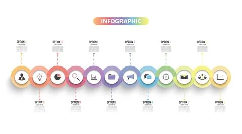 Template Timeline Infographic colored horizontal numbered for 12 options. Tem Stock Illustration