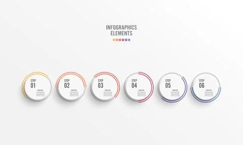 Template timeline infographic colored horizontal numbered for six position... Stock Illustration
