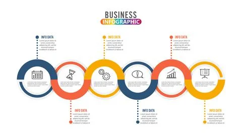 Template Timeline Infographic colored horizontal numbered for six position .. Stock Illustration