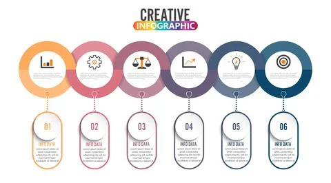 Template Timeline Infographic colored horizontal numbered for six position .. Stock Illustration