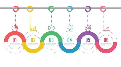 Template Timeline Infographic colored horizontal numbered for six position .. Stock Illustration