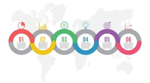 Template Timeline Infographic colored horizontal numbered for six position .. Stock Illustration