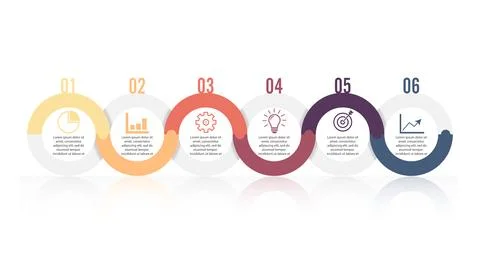 Template Timeline Infographic colored horizontal numbered for six position .. Stock Illustration