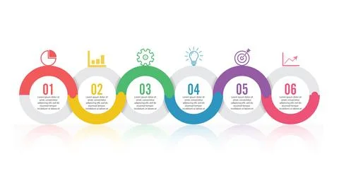 Template Timeline Infographic colored horizontal numbered for six position .. Stock Illustration