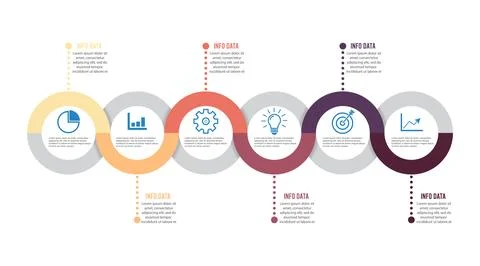 Template Timeline Infographic colored horizontal numbered for six position .. Stock Illustration