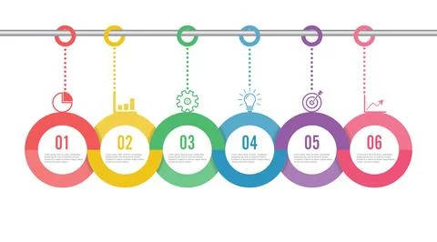 Template Timeline Infographic colored horizontal numbered for six position .. Stock Illustration