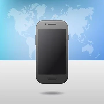 Template with Touchscreen Mobile Phone Device and World Map on Background. .. Stock Illustration