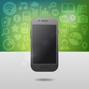 Template with Touchscreen Mobile Phone Device and Various Icons on Backgrou.. 스톡 일러스트