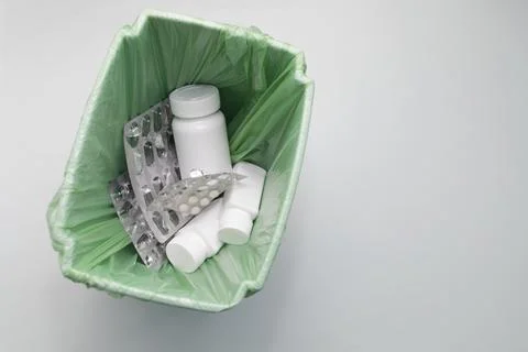 Template Trash Bin, Basket Full Of Medication, Supplement. Pills, Tablet Bottles Stock Photos