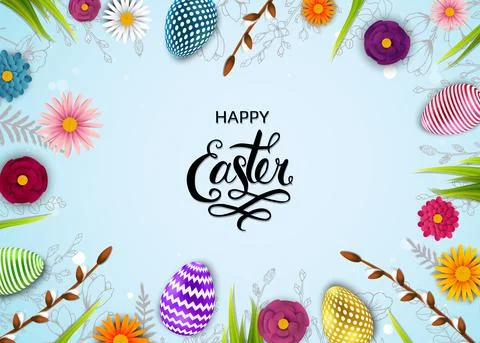 Template vector card with eggs and flowers, Willow. Doodles hand drawn elements. 스톡 일러스트