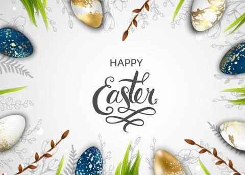 Template vector card with eggs and flowers, Willow. Doodles hand drawn elements. 스톡 일러스트