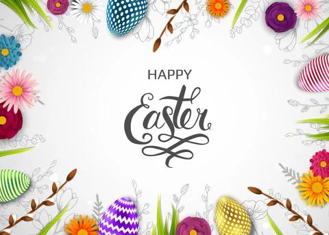 Template vector card with eggs and flowers, Willow. Doodles hand drawn elements. 库存插图