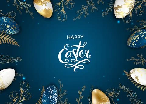 Template vector card with eggs gold, blue, marble pattern. Illustrazione stock