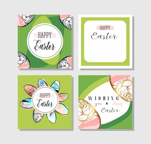 Template vector card with realistic eggs, gift box and flowers. Handwriting Stock Illustration