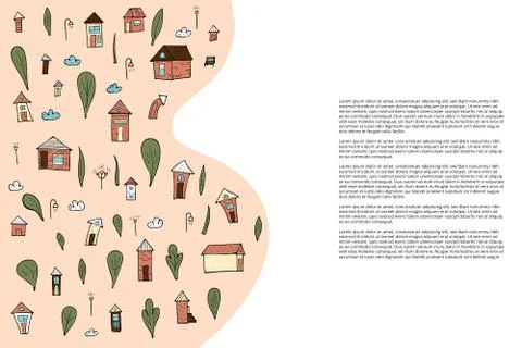 Template of vector houses, trees and clouds. Banner composition in doodle sty Ilustración de archivo