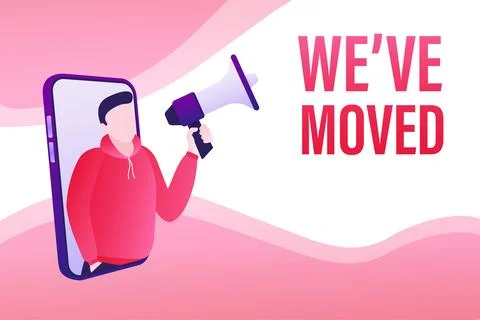 Template with we have moved man holding megaphone on white background for flyer Illustrazione stock